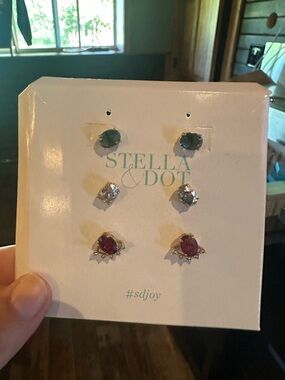 Stella & Dot Three-Pair Stud Earring Set - Teal, Clear, Burgundy